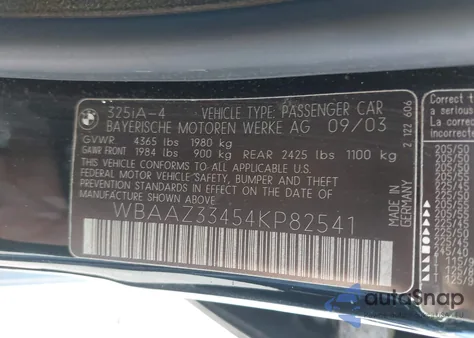 2004 BMW 325I from USA, damaged, VIN WBAAZ33454KP82541